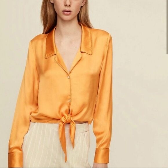 Aritzia Wilfred Tie Front Satin Blouse in Tangerine Orange size XS - Picture 1 of 14